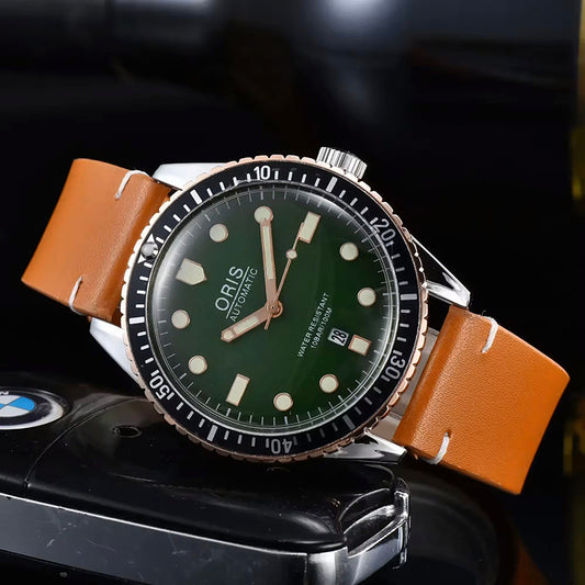Luxury Oris Wathc Strap Delicate Three Hand Dial Reproduction Fashion Casual Green Black Good Quality Mens Quartz Watch